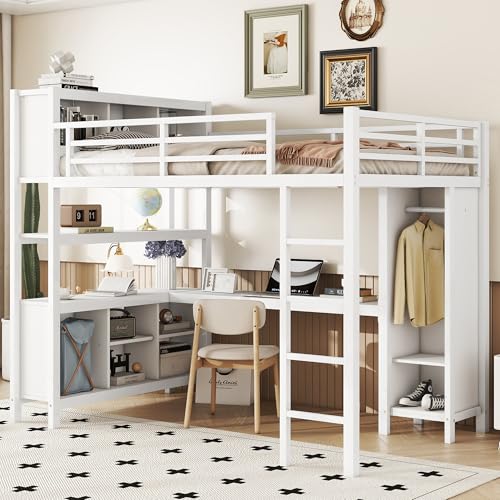 Harper & Bright Designs Full Loft Bed with Desk, Metal Loft Beds with Storage Shelves, Desk, and Wardrobe, Heavy-Duty Loft Bed Frame for Kids, Teens, Adults, Space-Saving and Noise-Free Design, White Harper & Bright Designs