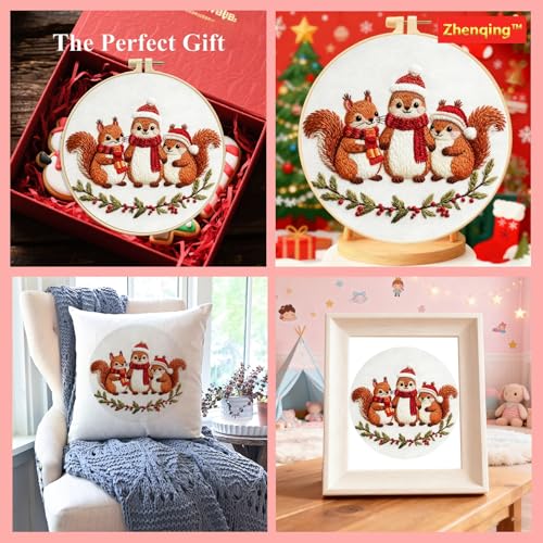 Zhenqing Three Christmas Squirrels Embroidery Kit for Beginners, Pre-Printed 29x29cm Circular Cotton Fabric with 20cm Hoop, Festive Animal Holiday Decor (C0198)