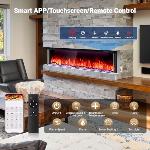 STRICWARM 70 inch 3 Sided Electric Fireplace Insert with Touchscreen, Smart Recessed/Built-in Linear Electric Fire Place Heater 1500W, Multi-Color Realistic Flames, APP Control, Timer, Log & Crystal STRICWARM