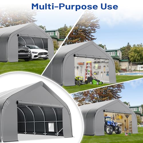 EROMMY 20x30 FT Heavy Duty Durable Carport, Silver Gray, Galvanized Steel Frame Garage Shelter and Outdoor Storage, Waterproof 3-Layer PE Cover, Fits 2 Cars, Boat, Farm Equipment EROMMY