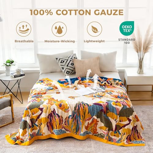 King Throw Blanket for Bed 100% Cotton Boho Soft Rustic Quilt Butterfly and Floral Double Embroidery Breathable Spring Bed Blanket,90"x108" All Season Blankets for Bedding Couch Home Decor LUTBM