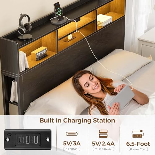 Rolanstar Full Bed Frame with Storage Headboard & 4 Drawers, Metal Platform Bed with Charging Station, LED Single Bed with Side Shelf, No Box Spring Needed, Easy Assembly, Black Rolanstar