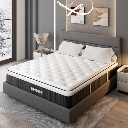 OhGeni 14 Inch Cooling Queen Size Mattress, Hybrid Gel-Infused Memory Foam Bed Mattresses in a Box, Medium Feel Cool Top Fabric,Individual Pocket Innerspring, 3-Zone Design & Reinforced Edge Support OhGeni