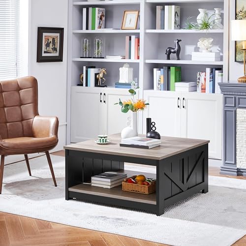 Yaheetech Farmhouse Coffee Table, Square Wooden Coffee Table for Living Room with Open Storage Shelf, 35.4 in Living Room Center Table for Home, Office, Reception Room, Gray & Black Yaheetech