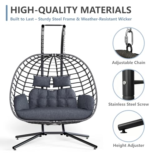 SWITTE Double Egg Swing Chair with Stand, Outdoor Patio 2 Person Hanging Wicker Hammock Chairs with Cushion for Indoor Bedroom, Lawn, Garden-Dark Grey SWITTE