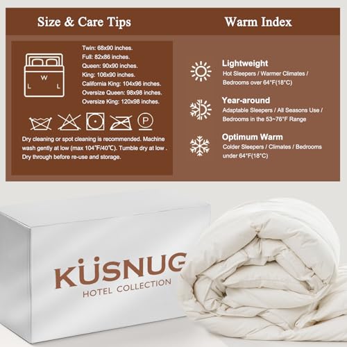 KUSNUG 100% Organic Cotton Feather & Down Fibers Comforter Twin Size, All-Season Hotel-Style Hypoallergenic Duvet Insert, Ivory White 68x90 Inch KUSNUG