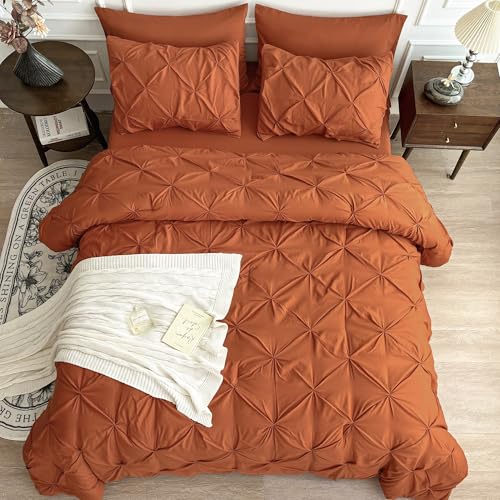 Maple&Stone Full Size Comforter Sets, 7 Pieces Bedding Sets Full, Pintuck Bed in a Bag Bed Set with Comforter, Sheets, Pillowcases & Shams - Burnt Orange Maple&Stone