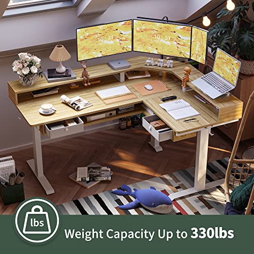 FEZIBO 63"x49" L Shaped Standing Desk with LED Strip & 2 Drawers, Upper and Lower Storage Shelves Available, Electric Height Adjustable, for Gaming, Office, Natural FEZIBO
