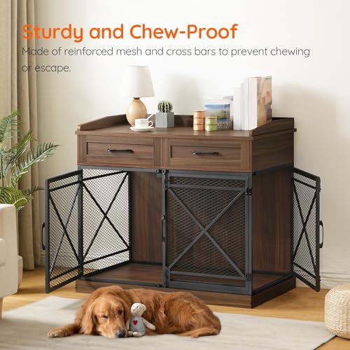 HOOBRO Heavy Duty Dog Crate Furniture, 39.4” Dog Kennel with Drawers, Wooden Dog Cage Indoor Side End Table for Medium Large Dogs, Triple Door Design, Walnut and Black WL106GW03 HOOBRO
