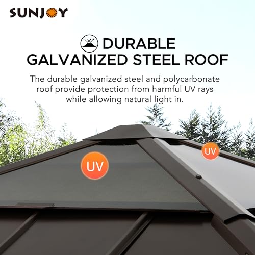 Sunjoy Hardtop Gazebo 9 x 9 ft. Cedar Framed Wood Gazebo with Brown Steel & Polycarbonate Pyramid Hip Roof and Ceiling Hook for Garden, Backyard Sunjoy