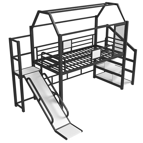Bellemave Twin Size Metal House Loft Bed with Slide and Stairs,Heavy Duty Playhouse Loft Bed Frame with Storage Shelves for Kids,Teens,Adults,Black Bellemave