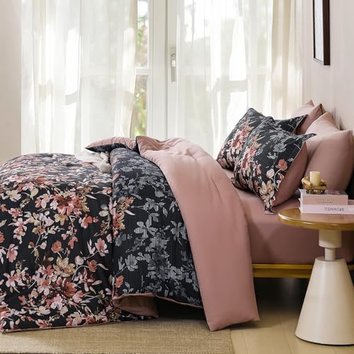 Dobuyly Black Comforter Queen Size Set, 7 Piece Floral Bedding Comforter Set, Black and Pink Bed in a Bag Botanical Flower Pattern with Sheets, Pillowcases & Shams All Season Dobuyly