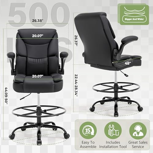 500LBS Drafting Chair, High Back Safer Standing Desk Chair, Executive Tall Office Chair with Flip-up Armrests, Upholstered PU Leather Task Chair, Ergonomic Seat with Adjustable Height&Foot Ring, Black Sofetura