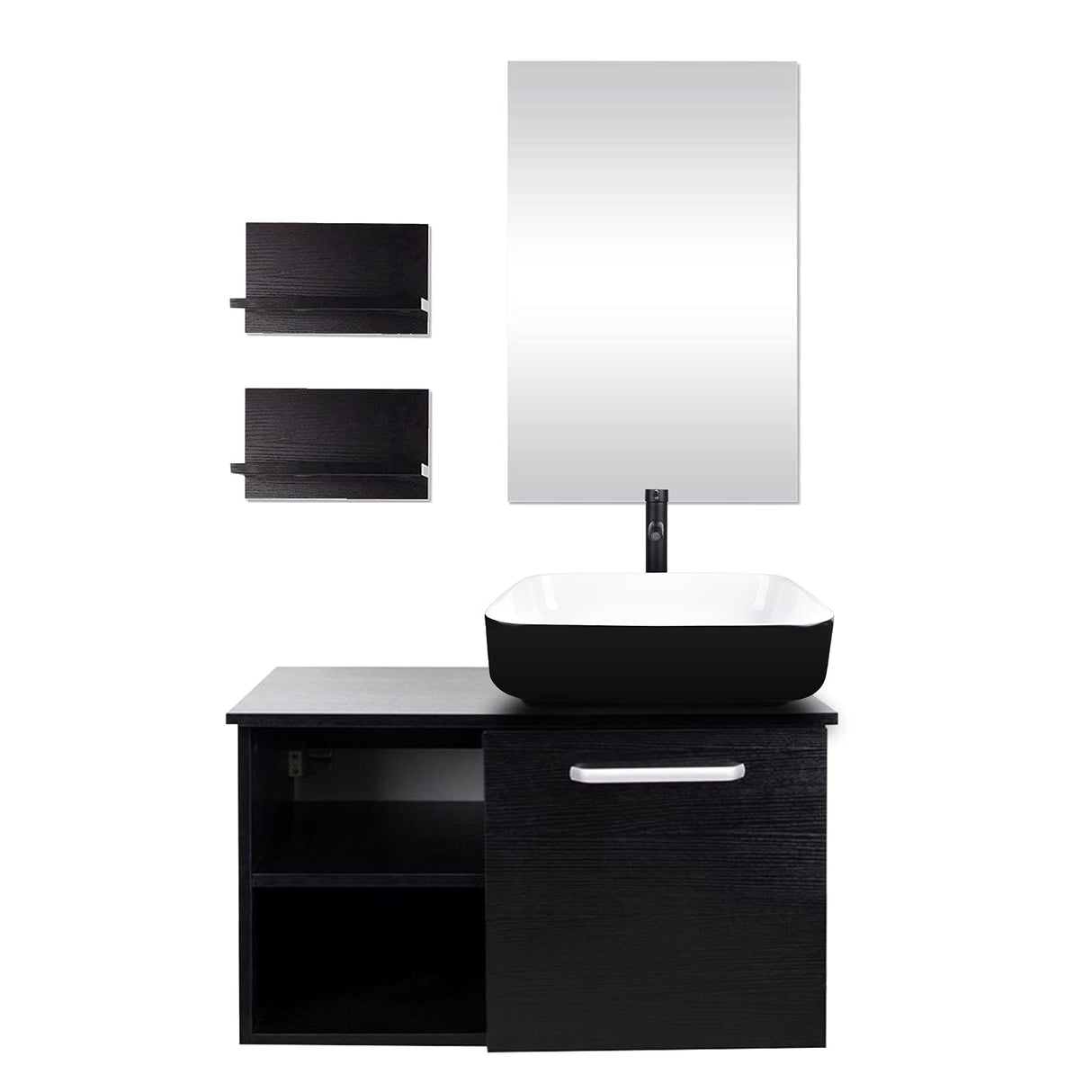 YOURLITE 28 Inch Floating Bathroom Vanity with Sink,Modern Wall Mounted Bathroom Vanity and Tempered Glass Sink Combo with Mirror and Faucet and Pop-up Drain Set,Black and White Ceramic Sink YOURLITE