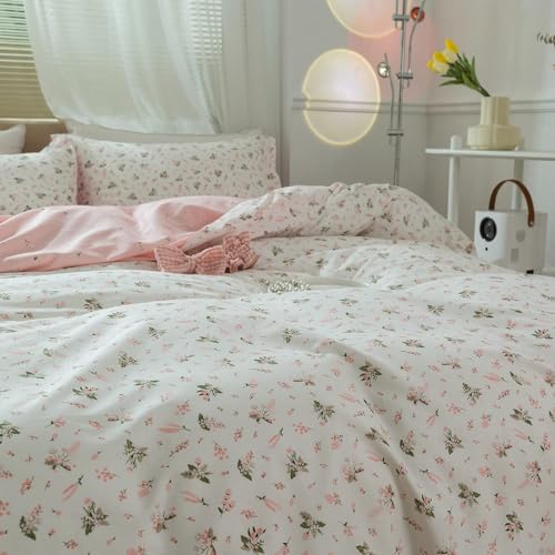 LifeTB Cotton Floral Duvet Cover Queen Girl Pink Flower Bedding Sets Garden Style Cotton Floral Comforter Cover Pink White Floral Bedding Sets Flower Branches Pattern Duvet Cover with Zipper Closure LifeTB