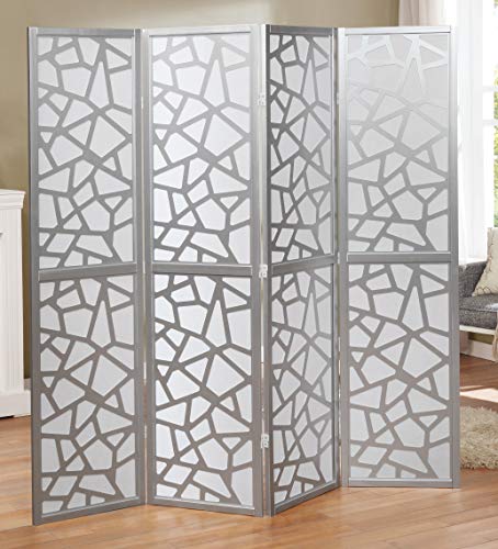 Roundhill Furniture Giyano 4 Panel Screen Room Divider, Sliver Roundhill Furniture