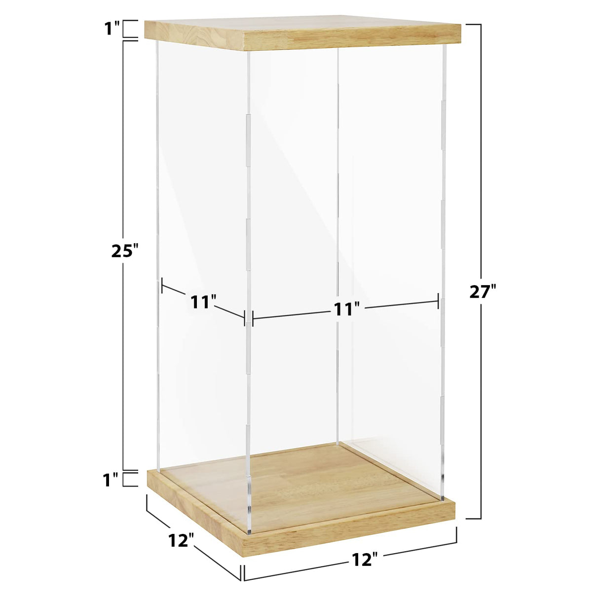 Clear Acrylic Display Case with Solid Butcherblock Base and Top for Trophy, Collectibles, Assemble Cube Display Box Stand Dust Proof Protection BenchPro