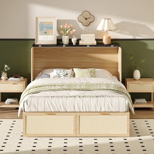 VINGLI Queen Size Rattan Murphy Bed with Storage Drawer, Space-Saving Cabinet Bed for Kids,Adults & Guests,Warm Off-White VINGLI