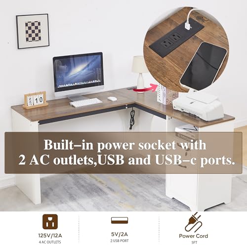 LayBurst 55" Farmhouse L-Shaped Desk with Lift Top,Movable Monitor Stand,L Shaped Standing Office Desk with Lockable Drawer & Adjustable File Drawer,Lift Top Computer Desk with Power Outlets LayBurst