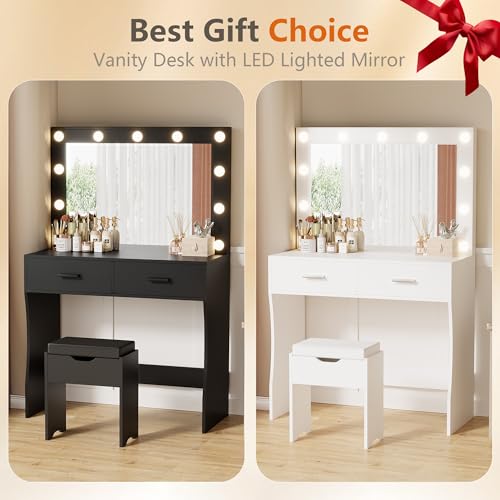 YESHOMY Makeup Vanity Desk with Large Lighted Mirror,35.4 Inch Makeup Vanity Table with 2 Drawers,Soft-Padded Storage Stool,3 Lighting Modes Available, Suitable for Bedrooms(Black) YESHOMY