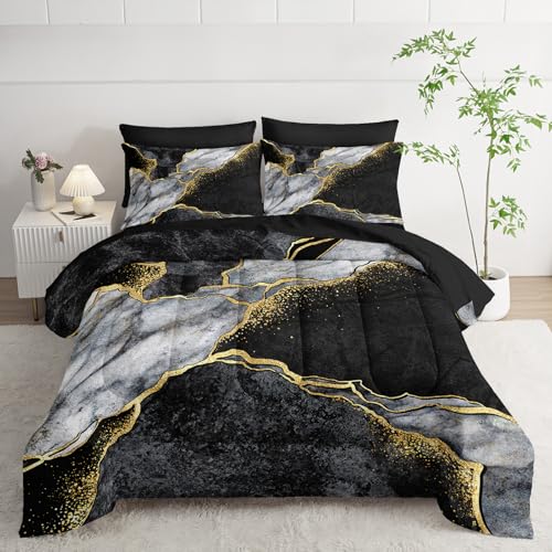 Nttopship 7 Pieces Black Gold Gray Marble Comforter Set King Size,Marble Minimalist Wind Design Bedding Quilt Set 7PCS Bed in A Bag,Bed Sheet Set All Season Lightweight Soft Microfiber Nttopship