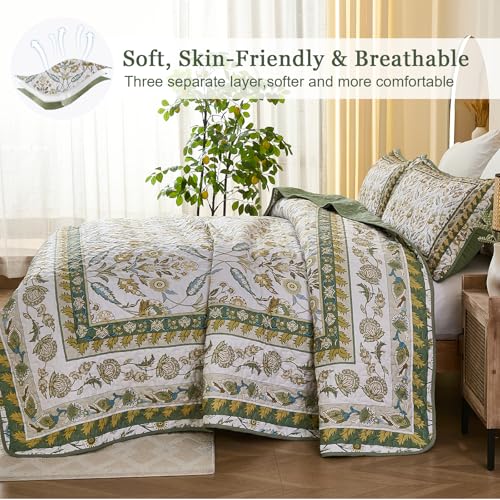 DJY Floral Quilt Set King Size, Green Brown Flower Pattern Quilts King Bedspread Coverlet Set with 2 Pillowcases, Soft Lightweight Microfiber Bedding for All Season (90"x110") DJY