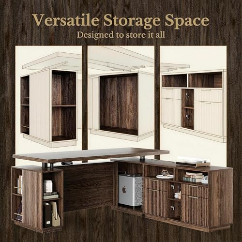 Perledesign 70 Inches L Shaped Executive Standing Desk, Electric Height Adjustable Desk with File Cabinet, Computer Corner Table with AC/USB and Privacy Panel for Home and Office, Black Walnut Perledesign