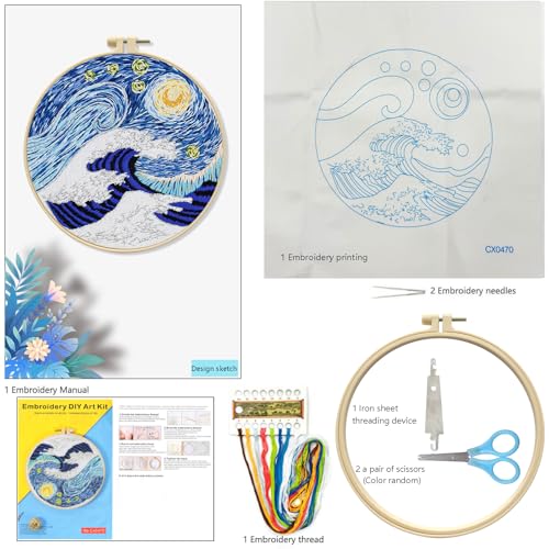 Zhenqing Wave & Starry Sky Embroidery Kit - 29x29cm Printed Fabric, Hoop & Full Tools for Beginners(S-CX0470)