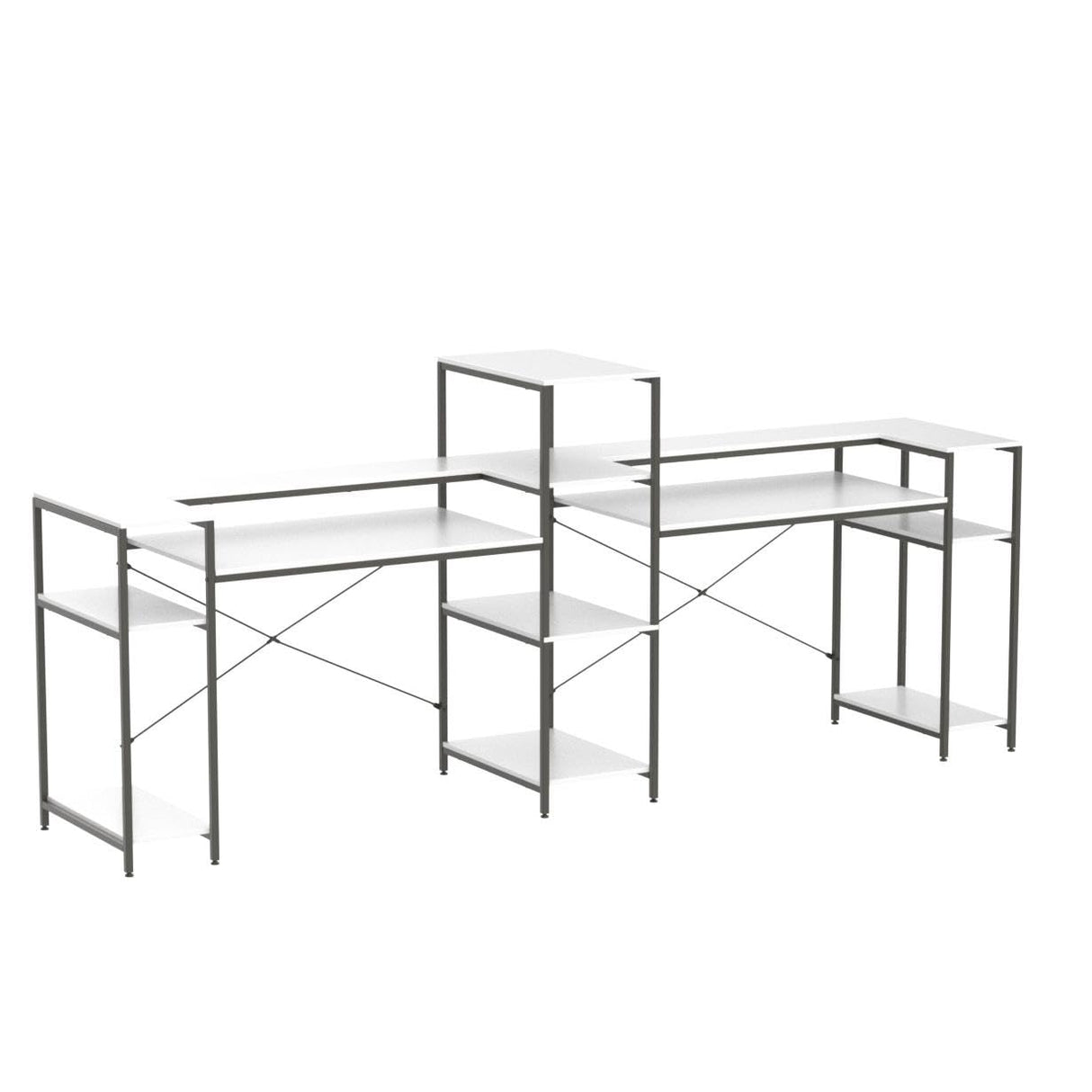 Extra Long White Double Computer Desk with Storage Shelves & Monitor Stand by HYPIGO HYPIGO