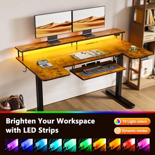 OffiGo U Shaped Electric Standing Desk with Keyboard Tray, 55 Inch Height Adjustable Desk with Power Outlets & LED Lights, Sit Stand Table with Monitor Stand for Home, Office, Rustic Brown OffiGo