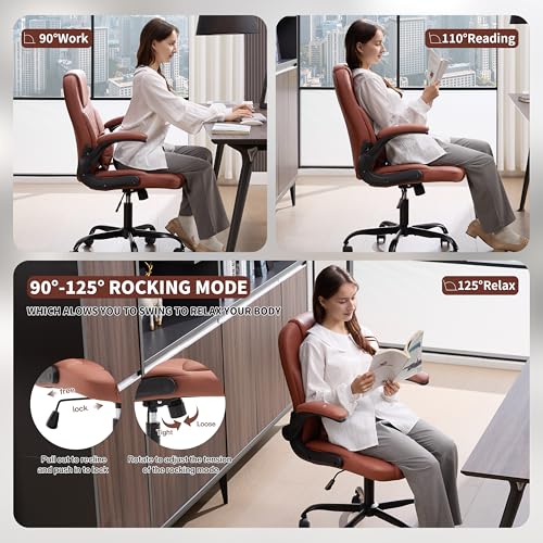Nexthro Executive Office Chair PU,Leather Office Chair with Wheels,360° Swivel Rolling Chair with Padded Arms,Ergonomic Computer Chair with Lumbar Support for Short People Use(Brown) Nexthro