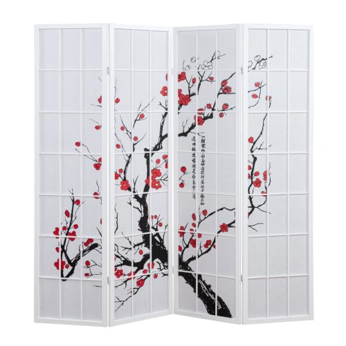 Roundhill Furniture White Japanese 4-Panel Screen Room Divider, Plum Blossom Roundhill Furniture