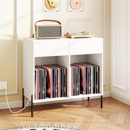 LOKO Large Record Player Stand with Charging Station, Vinyl Record Holder with Storage Compartments & 2 Drawers, Turntable Display Stand with Metal Legs for Living Room, Bedroom, Office (White) LOKO
