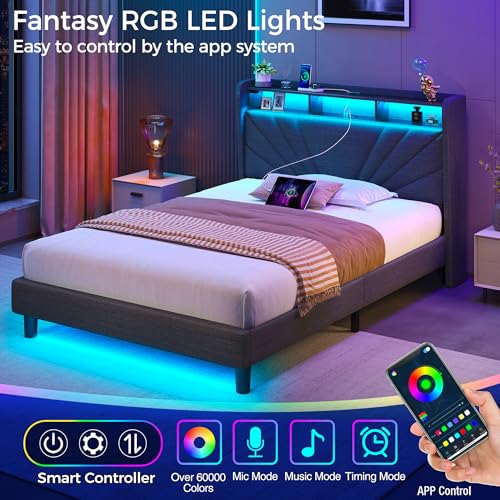 Rolanstar Twin Size Bed Frame, Storage Headboard with Charging Station and LED Lights, Upholstered Bed with Heavy Duty Wood Slats, No Box Spring Needed, Noise Free, Easy Assembly, Dark Grey Rolanstar