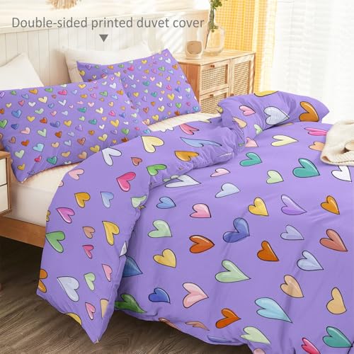 Double-Sided Printed Bedding with Minimalist Loving Romantic - Ultra-Soft Microfiber Duvet Cover Set Single Durable Zipper Closure, Comfortable Quilt Cover for Bedroom Décor Purple Generic