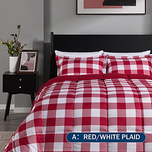 downluxe Lightweight Plaid Comforter Set (Twin) with 1 Pillow Sham - 2-Piece Set - Red/White Plaid - Down Alternative Reversible Comforter downluxe