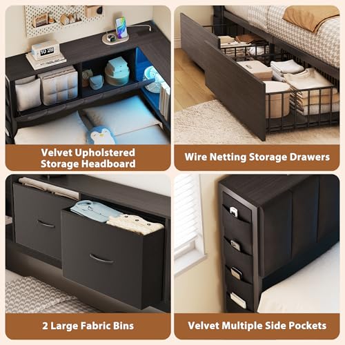 MapleGrace Twin Corner Bed Frame with Upholstered Storage Headboard and Drawers, Metal Platform Bed Frame with LED Light and Charging Station, Twin Daybed for Living Room, Bedroom & Guest Room, Black MapleGrace