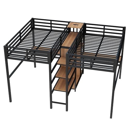 Bellemave Twin Over Twin Metal Loft Bed with Desk and Wardrobe for 2 Kids,Twin Size Heavy Duty Double Loft Bed Frame with Charging Station and Shelves for Boys,Girls,Adults,Woodgrain Bellemave