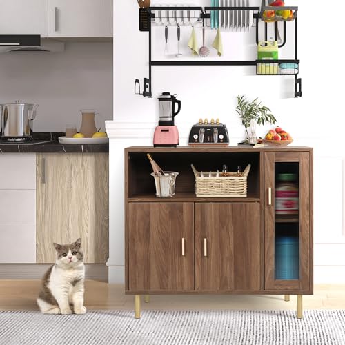 LAZZO Storage Cabinet Credenza Sideboard Buffet Cabinet with Glass Doors Free Standing Accent Entry Cabinet Coffee Bar Cabinet for Living Room, Hallway, Kitchen and Dining Room Brown LAZZO