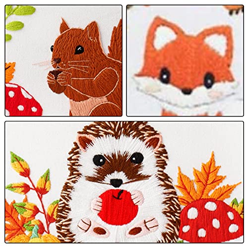 Louise Maelys 3 Set Animal Embroidery Kits for Beginners with Autumn Squirrel Hedgehog Fox Pattern,Adults Starter Cross Stitch Kit DIY Needlepoint