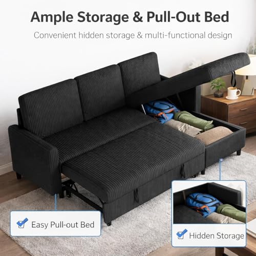 JAMFLY Pull Out Sleeper Sofa Bed with Storage Chaise, L-Shaped Corduroy Sectional Couch, 3-Seater Convertible Sofa with Hidden Storage for Small Living Room, Apartment, Office, Black JAMFLY