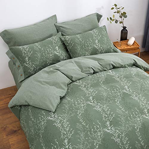 OREISE Duvet Cover Set Full/Queen Size Washed Cotton Yarn, Jacquard Green and White Thin Branch Pattern Floral Style 3Piece Bedding Set OREISE