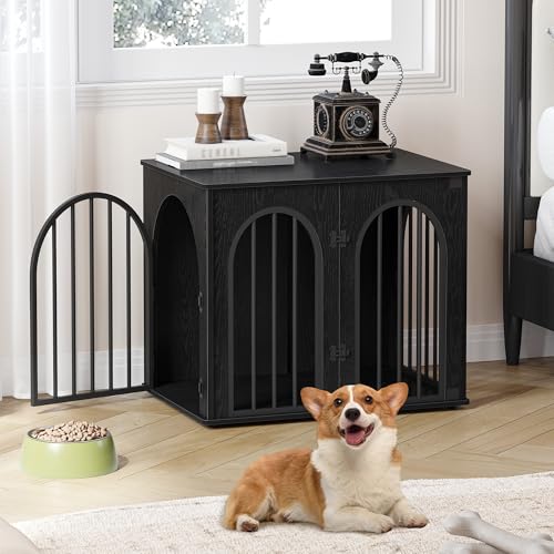 Hzuaneri 26.8'' Wooden Dog Crate Furniture, Indoor Dog Kennel Dogs Cage for Small Dogs, Heavy Duty Dog Crates Decorative Pet House End Side Table TV Stand, Black DFC85504B Hzuaneri