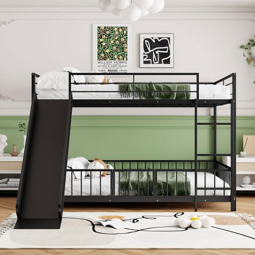 Harper & Bright Designs Full Over Full Metal Bunk Bed with Slide, Heavy Duty Bunk Bed with Small Door, Fence and Ladder for Girls Boys, Black Harper & Bright Designs