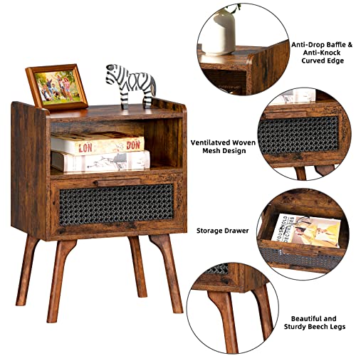 Lerliuo Rattan Nightstand, Boho Side Table with Drawer Open Shelf, Cane Accent Bedside End Table with Solid Wood Legs for Bedroom, Dorm and Small Spaces (Brown) Lerliuo