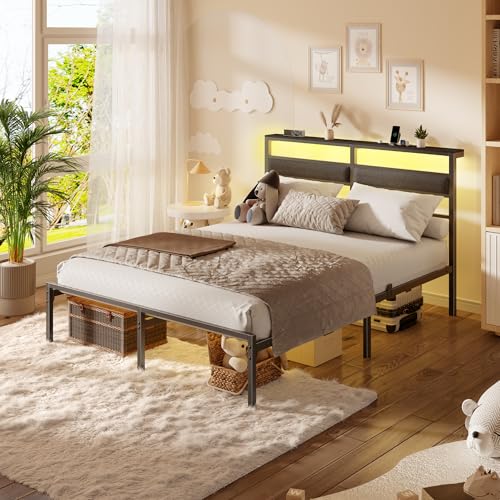OURPIC Full Size Bed Frame with Headboard, Bed Frame Full Size with LED Light and Charging Station, Black Metal Platform Bedframe and Storage Shelf, No Box Spring Needed, Noise Free OURPIC