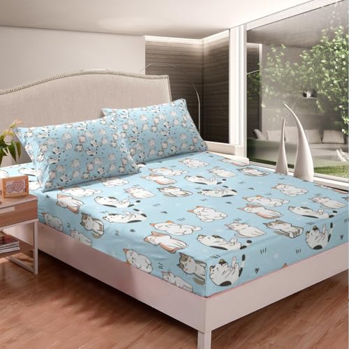 Erosebridal Cat Sheet Sets King, Kawaii Garfield Persian Cat Flat Sheet for Kids Boys Girls, Paw Print Love Heart Bed Sheets, Cartoon Animals Soft Fitted Sheet 4 Pieces, Blue Erosebridal