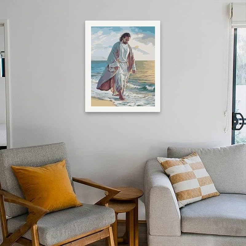 Religious Paint by Numbers Kit for Adults - DIY Jesus Walking by The Ocean Painting on Canvas 16x20 Inches, Acrylic Paint Set, Suitable for Beginners, Faith Art for Home Decoration or Gifts TAOPAOLAB