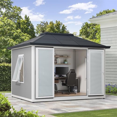 Sunjoy Office Shed for Outdoor, Tiny House 10'x12.6' She Shed, Backyard Office, Multipurpose Outdoor Room, Home Gym with Floor, 2 Windows and Lockable Doors