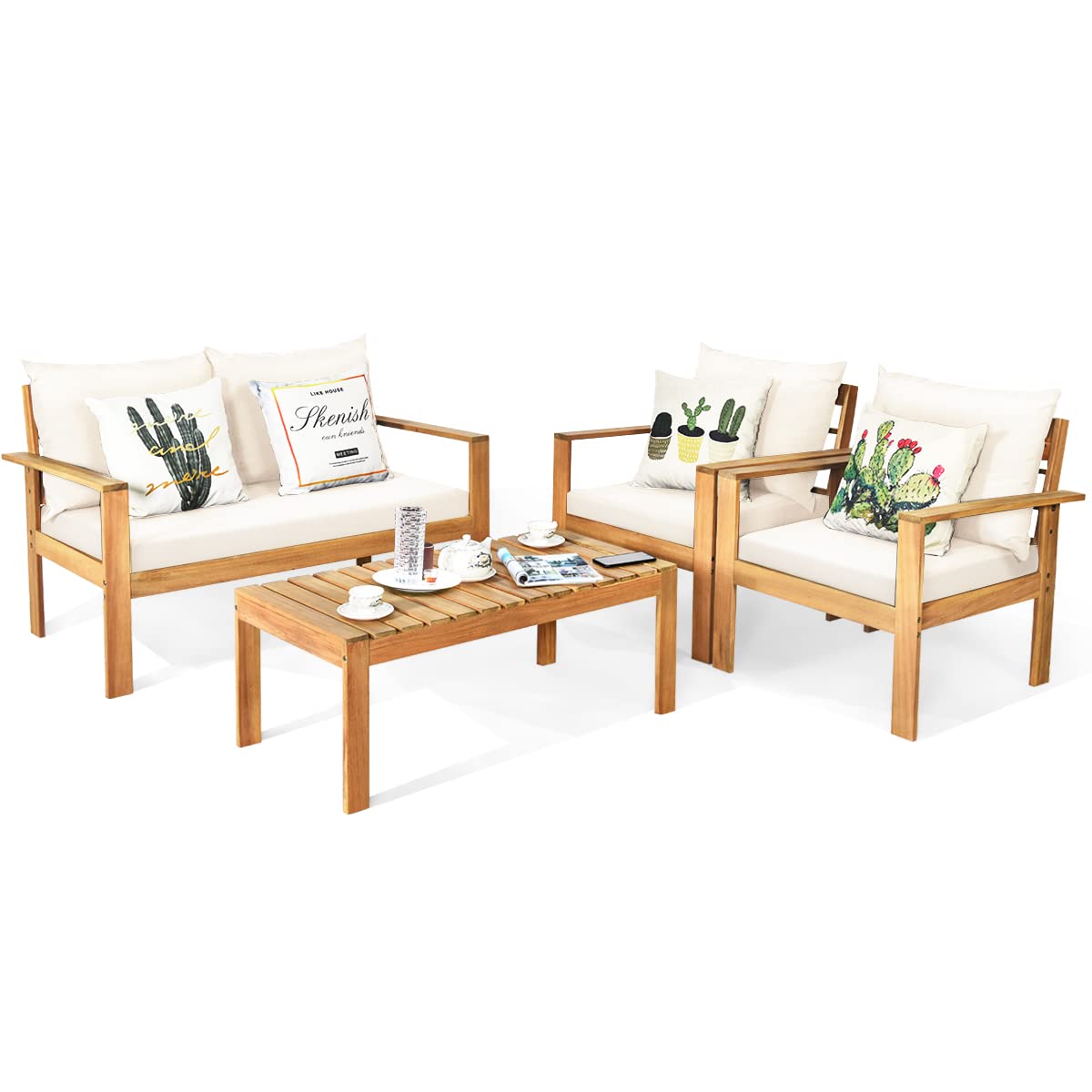 Tangkula Outdoor 4-Piece Acacia Wood Chat Set, 4 Seater Acacia Wood Conversation Sofa and Table Set with Water Resistant Cushions, Teak Finished (1, White) Tangkula